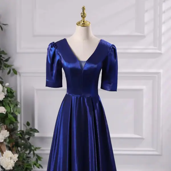 Vintage / Retro Royal Blue Prom Dresses 2024 A-Line / Princess V-Neck Short Sleeve Backless Floor-Length / Long Prom Formal Dresses