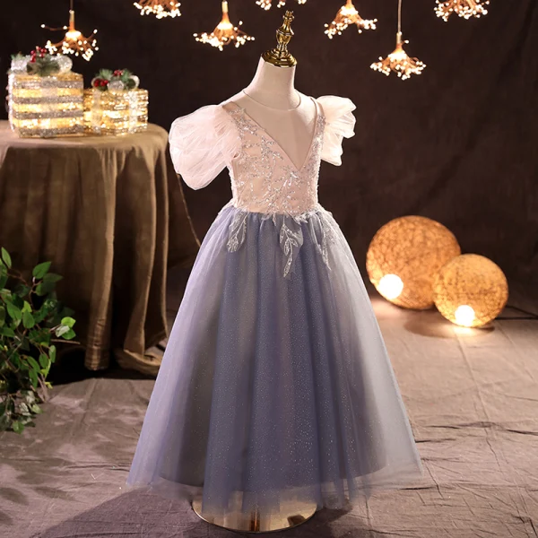 Chic / Beautiful Sky Blue Sequins Flower Girl Dresses 2022 A-Line / Princess Scoop Neck Puffy Short Sleeve Floor-Length / Long Prom Flower Girl Dresses