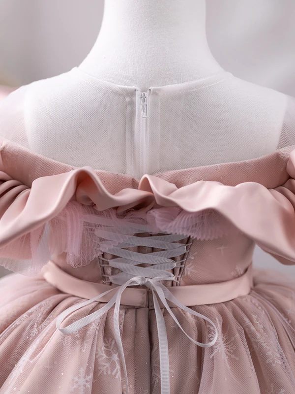 Chic / Beautiful Blushing Pink Short Birthday Flower Girl Dresses 2023 Ball Gown Ruffle Off-The-Shoulder Sleeveless Backless Bow Sash