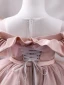 Chic / Beautiful Blushing Pink Short Birthday Flower Girl Dresses 2023 Ball Gown Ruffle Off-The-Shoulder Sleeveless Backless Bow Sash