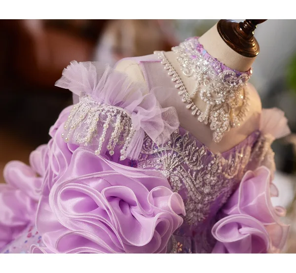 Flower Fairy Purple Beading Sequins Pearl Lace Flower Birthday Flower Girl Dresses 2025 Ball Gown High Neck Short Sleeve Backless Floor-Length / Long