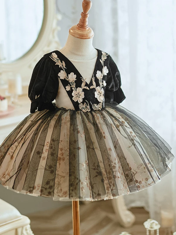 Chic / Beautiful Black Lace Flower Printing Short Birthday Flower Girl Dresses 2023 Ball Gown Scoop Neck Short Sleeve Backless Tulle