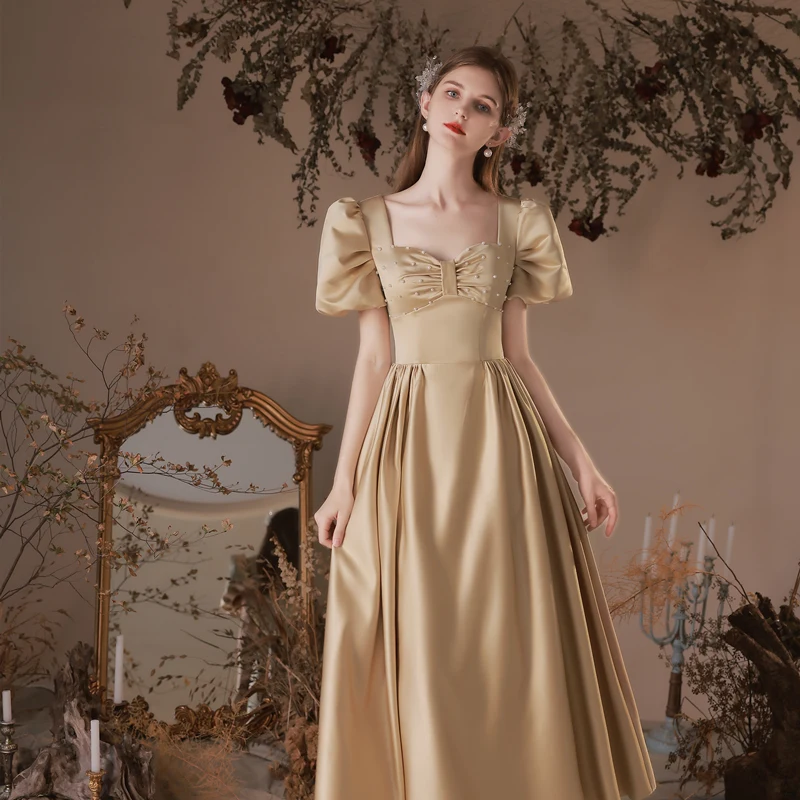 Modest / Simple Champagne Gold Satin Prom Dresses 2022 A-Line / Princess  Square Neckline Pearl Puffy Short Sleeve Backless Floor-Length / Long Formal  Dresses