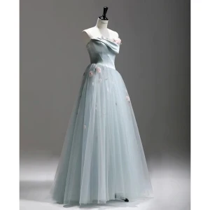 Chic Belle Bleu Ciel Appliques Robe De Bal 2024 Princesse Bustier Sans Manches Dos Nu Longue Promo Robe De Ceremonie