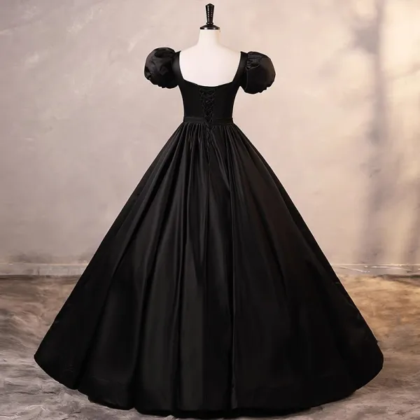 Elegant Burgundy Satin Prom Dresses 2023 Ball Gown Square Neckline Puffy Short Sleeve Backless Rhinestone Sash Floor-Length / Long Prom Formal Dresses