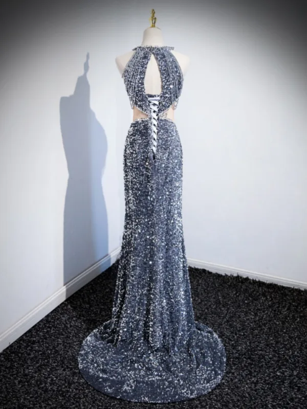 Glitzernden Meeresblau Perlenstickerei Pailletten Quaste Abendkleider 2023 Meerjungfrau Neckholder Ärmellos Rückenfreies Sweep / Pinsel Zug Abend Festliche Kleider