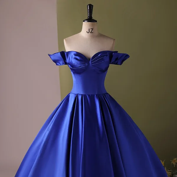 Vintage / Retro Royal Blue Satin Prom Dresses 2024 Ball Gown Off-The-Shoulder Sleeveless Backless Floor-Length / Long Prom Formal Dresses