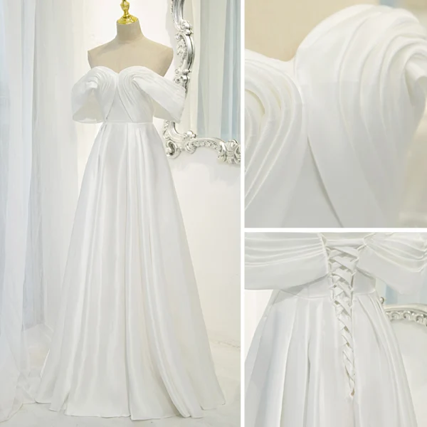 Elegant White Satin Prom Dresses 2022 A-Line / Princess Off-The-Shoulder Short Sleeve Backless Floor-Length / Long Prom Formal Dresses