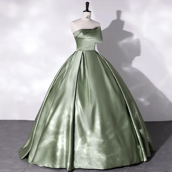 Vintage / Retro Chic / Beautiful Sage Green Satin Prom Dresses 2022 Ball Gown Strapless Sleeveless Backless Floor-Length / Long Prom Formal Dresses