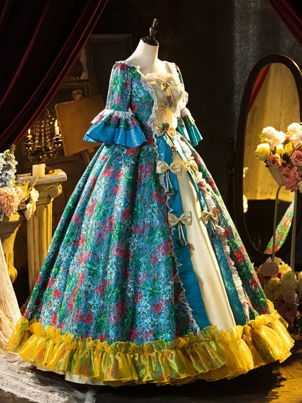 Medieval Vintage / Retro Multi-Colors Sequins Bow Cosplay Lolita Prom Dresses 2024 Ball Gown Scoop Neck 1/2 Sleeves Backless Floor-Length / Long Formal Dresses