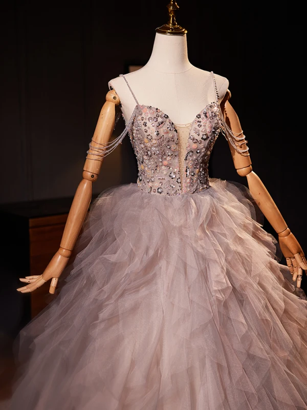 High-end Grey Beading Pearl Sequins Cascading Ruffles Prom Dresses 2024 Ball Gown Spaghetti Straps Sleeveless Backless Floor-Length / Long Prom Formal Dresses
