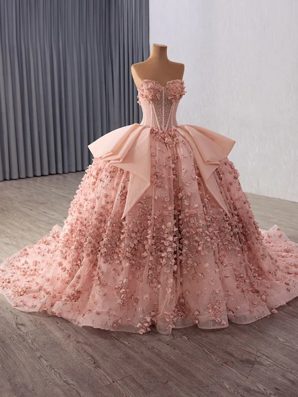 Luxury / Gorgeous Blushing Pink Beading Appliques Pearl Sequins Prom Dresses 2025 Ball Gown Strapless Sleeveless Backless Floor-Length / Long Prom Formal Dresses