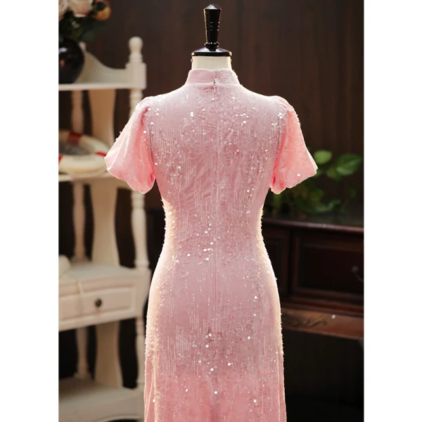 Scintillantes Rougissant Rose Paillettes Soirée Cheongsam 2024 Trompette / Sirène Col Haut Manches Courtes Thé Longueur