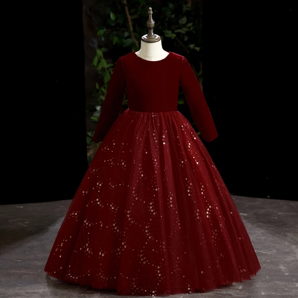 Vintage / Retro Navy Blue Suede Prom Flower Girl Dresses 2022 Ball Gown Scoop Neck Sequins Long Sleeve Floor-Length / Long Flower Girl Dresses