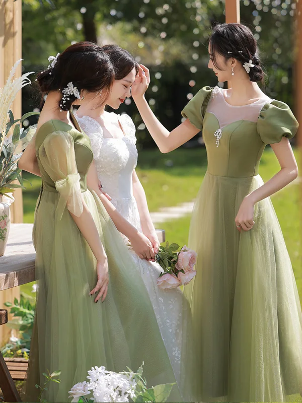 Modest / Simple Sage Green Bow Bridesmaid Dresses 2022 A-Line / Princess Short Sleeve Backless Floor-Length / Long Bridesmaid Wedding Party Dresses