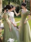 Modest / Simple Sage Green Bow Bridesmaid Dresses 2022 A-Line / Princess Short Sleeve Backless Floor-Length / Long Bridesmaid Wedding Party Dresses