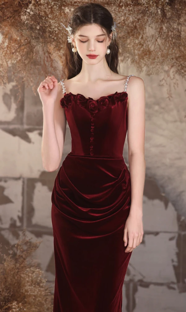 Charming Burgundy Velvet Evening Dresses 2024 Trumpet / Mermaid Spaghetti Straps Sleeveless Backless Floor-Length / Long Evening Party Formal Dresses