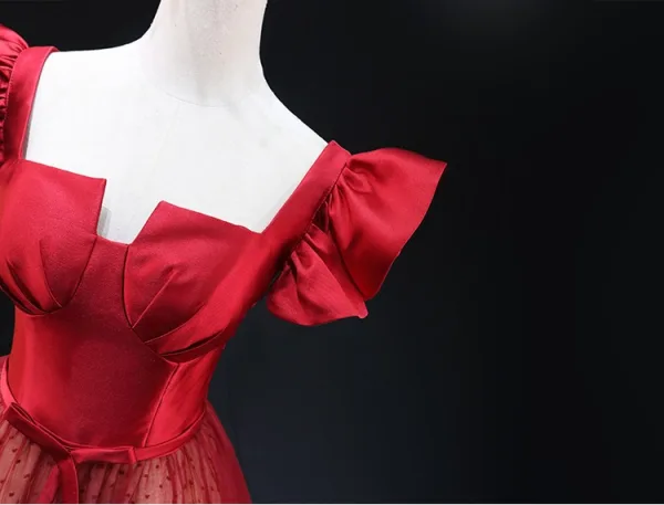 Chic / Beautiful Burgundy Dot Bow Sash Prom Dresses 2025 A-Line / Princess Square Neckline Short Sleeve Backless Floor-Length / Long Prom Formal Dresses