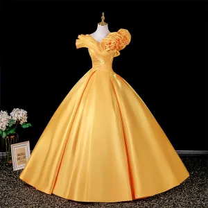 Vintage Retro Yellow Appliques Prom Dresses 2026 Ball Gown V Neck Short Sleeve Backless Floor Length Long Formal Dresses