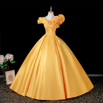Vintage Originale Jaune Appliques Robe De Bal 2026 Robe Boule V Cou Manches Courtes Dos Nu Longue Robe De Ceremonie