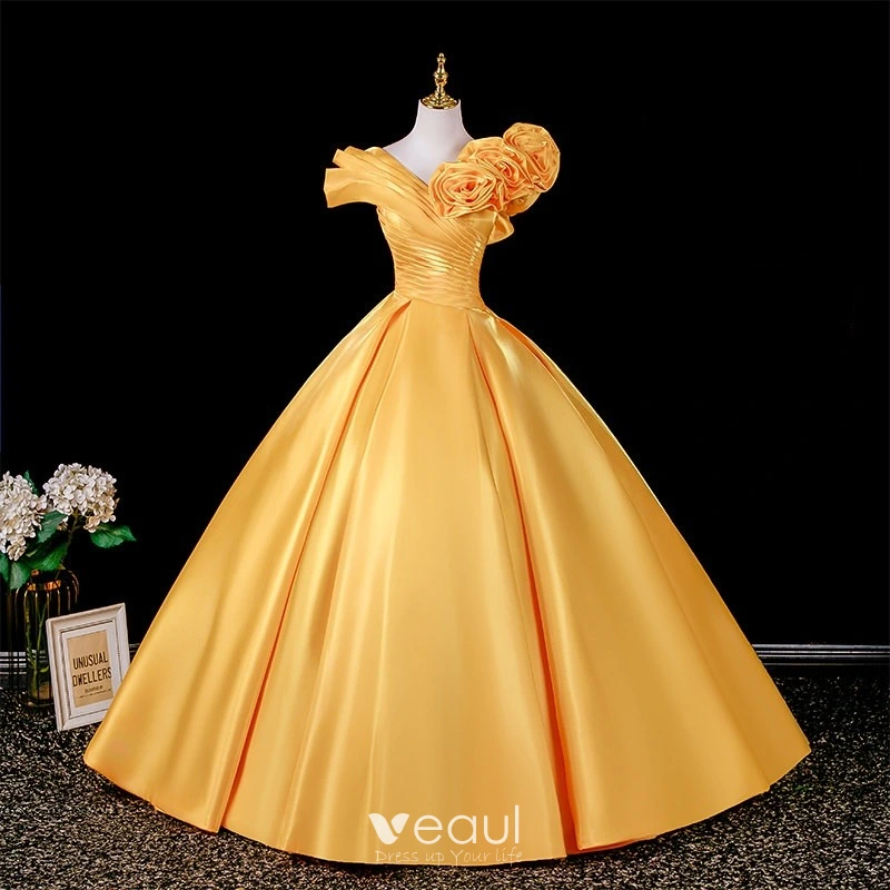 Vintage / Retro Yellow Appliques Prom Dresses 2026 Ball Gown V-Neck Short Sleeve Backless Floor-Length / Long Formal Dresses Vintage / Retro Yellow Appliques Prom Dresses 2026 Ball Gown V-Neck Short Sleeve Backless Floor-Length / Long Formal Dresses