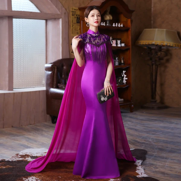 Chinese style Purple Sequins Tassel Cheongsam 2023 Trumpet / Mermaid Satin High Neck Short Sleeve Floor-Length / Long Evening Party Cheongsam / Qipao