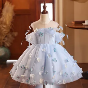 Fée Des Fleurs Bleu Ciel Appliques Courte Anniversaire Robe Ceremonie Fille 2024 Robe Boule Encolure Dégagée Manches Courtes Dos Nu Tulle
