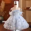Flower Fairy Sky Blue Appliques Short Birthday Flower Girl Dresses 2024 Ball Gown Scoop Neck Short Sleeve Backless Tulle