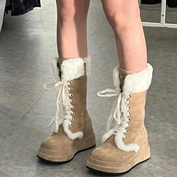 Vintage Tan Zamszowe Zużycie ulicy Płaskie Zima Snow Boots 2024 Okrągłe Toe Kozaki Damskie