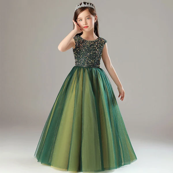Vintage / Retro Dark Green Sequins Flower Girl Dresses 2022 A-Line / Princess Scoop Neck Sleeveless Prom Floor-Length / Long Flower Girl Dresses