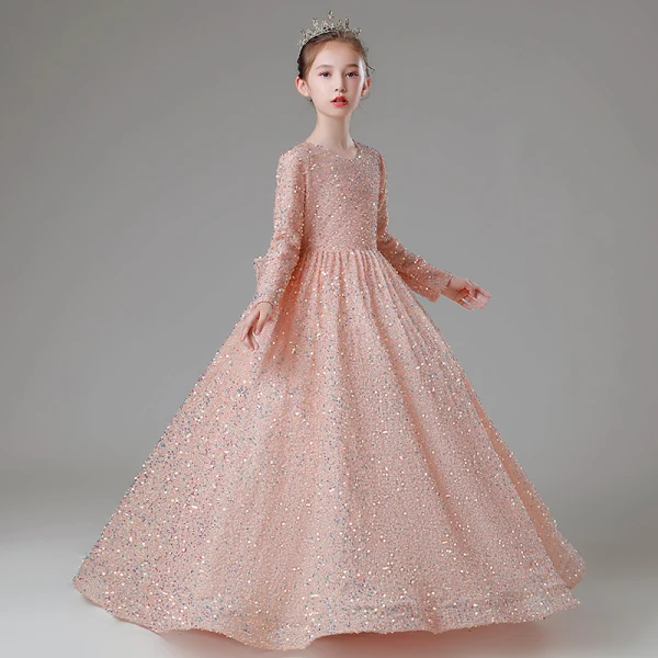 Scintillantes Rougissant Rose Paillettes Robe Ceremonie Fille 2022 Robe Boule Encolure Dégagée Manches Longues Noeud Longue Promo Robe Ceremonie Fille