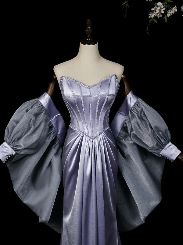 Sexy Lavande Perlage Robe De Soirée 2026 Trompette / Sirène Bustier Gonflée Manches Courtes Dos Nu Train De Balayage Robe De Ceremonie