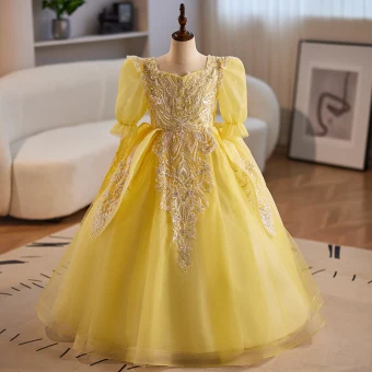 Vintage Retro Yellow Beading Pearl Sequins Flower Girl Dresses 2024 Ball Gown Square Neckline Birthday 1 2 Sleeves Backless Floor Length Long