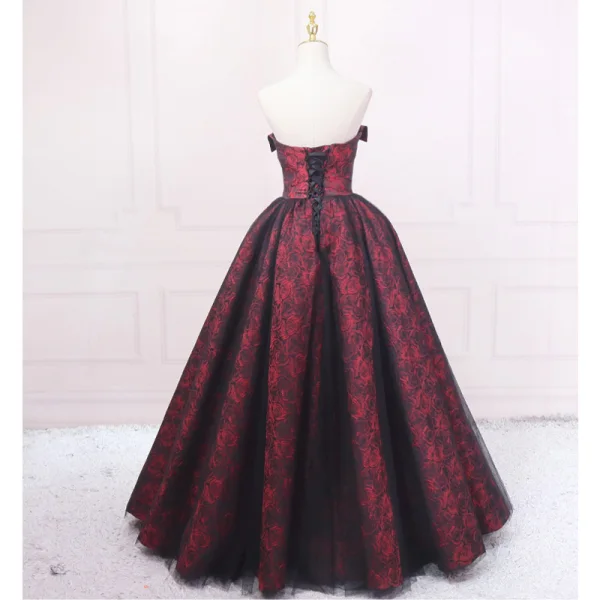 Vintage / Retro Burgundy Printing Prom Dresses 2023 Ball Gown Satin Strapless Sleeveless Backless Floor-Length / Long Prom Formal Dresses