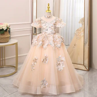 Elegant Champagne Beading Pearl Rhinestone Sequins Birthday Flower Girl Dresses 2024 Ball Gown High Neck Short Sleeve Backless Floor Length Long