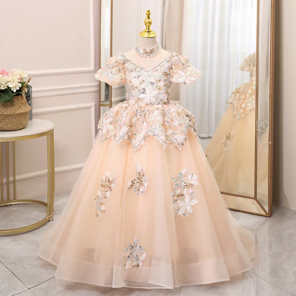 Elegant Champagne Beading Pearl Rhinestone Sequins Birthday Flower Girl Dresses 2024 Ball Gown High Neck Short Sleeve Backless Floor-Length / Long