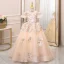 Elegant Champagne Beading Pearl Rhinestone Sequins Birthday Flower Girl Dresses 2024 Ball Gown High Neck Short Sleeve Backless Floor-Length / Long