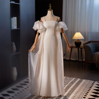 Chic Beautiful Beige Light Wedding Dresses 2024 Trumpet Mermaid Spaghetti Straps Puffy Short Sleeve Backless Floor Length Long Wedding