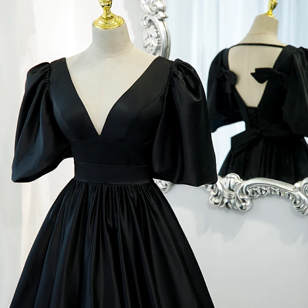 Vintage / Retro Black Prom Dresses 2021 A-Line / Princess V-Neck Crossed Straps Floor-Length / Long Ruffle Satin 1/2 Sleeves Formal Dresses