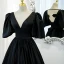Vintage / Retro Black Prom Dresses 2021 A-Line / Princess V-Neck Crossed Straps Floor-Length / Long Ruffle Satin 1/2 Sleeves Formal Dresses