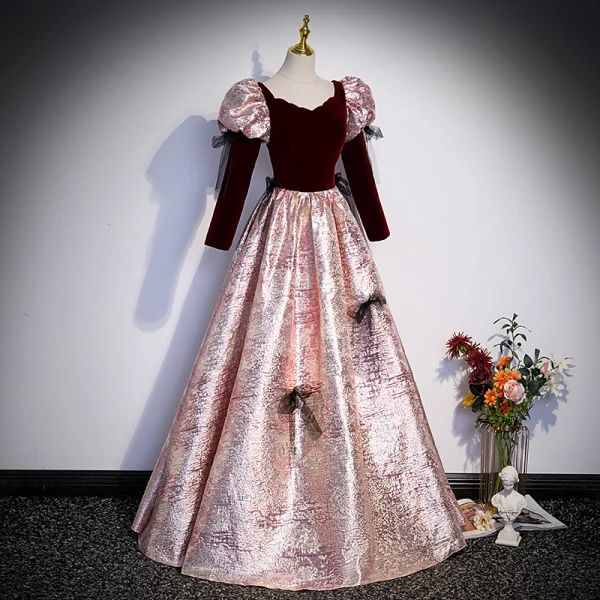 Elegant Burgundy Glitter Prom Dresses 2023 A-Line / Princess V-Neck Bow 3/4 Sleeve Backless Floor-Length / Long Prom Formal Dresses