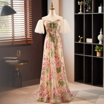 Chic Beautiful Beading Pearl Multi Colors Sequins Lace Flower Prom Dresses 2023 A Line Princess Off The Shoulder Short Sleeve Backless Floor Length Long Prom Formal Dresses