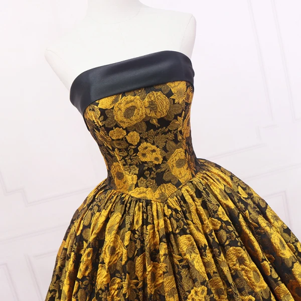 Vintage / Retro Black Gold Printing Prom Dresses 2023 Ball Gown Satin Strapless Sleeveless Backless Floor-Length / Long Prom Formal Dresses
