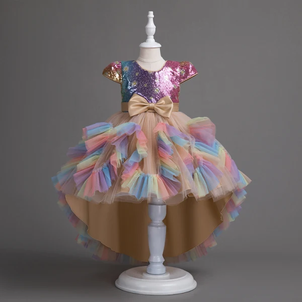 Chic / Beautiful Candy Pink Sequins Bow Sash Asymmetrical Birthday Flower Girl Dresses 2024 Ball Gown Scoop Neck Short Sleeve