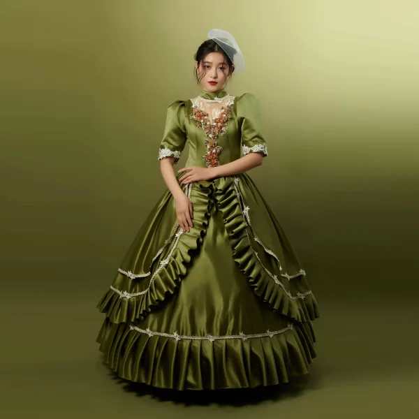 Vintage / Retro Medieval Clover Green Prom Dresses 2024 3D Lace Pearl Embroidered Floral Floor-Length / Long High Neck 1/2 Sleeves A-Line / Princess Cosplay Ball Gown Prom