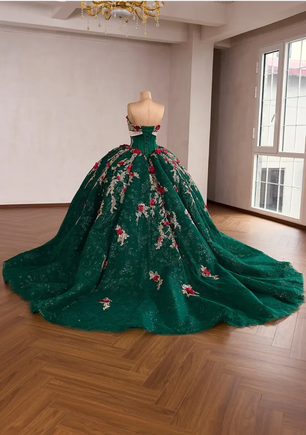 Luksus Vintage Mørk Grønn Beading Blonder Blomst Perle Appliques Ballkjoler 2026 Ballkjole Kjæreste Korte Ermer Ryggløse Lange