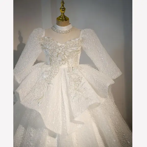 Charming White Beading Pearl Sequins Wedding Flower Girl Dresses 2022 Ball Gown High Neck Short Sleeve Court Train Flower Girl Dresses