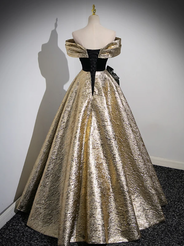 Unusual Gold Glitter Prom Dresses 2023 Ball Gown Off-The-Shoulder Short Sleeve Backless Floor-Length / Long Prom Formal Dresses
