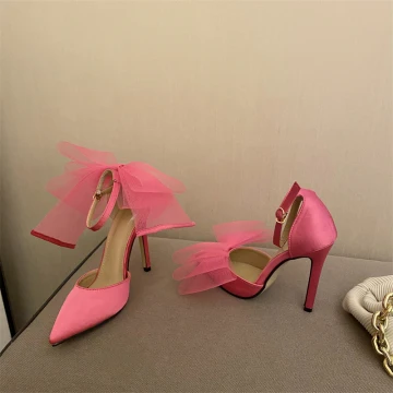 Charming Fuchsia Evening Party Summer Womens Sandals 2022 11 Cm Stiletto Heels Ankle Strap Bow Pointed Toe Sandals High Heels
