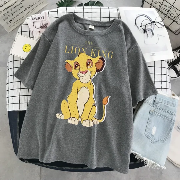 Fashion Casual Summer Black Printing Lion Loose Women T-Shirts 2021 Scoop Neck 1/2 Sleeves Tee Tops